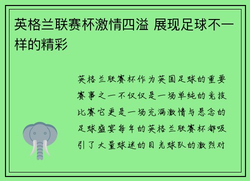 英格兰联赛杯激情四溢 展现足球不一样的精彩