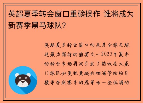 英超夏季转会窗口重磅操作 谁将成为新赛季黑马球队？